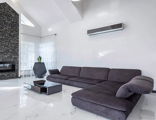 Modern living room with wall mounted TV